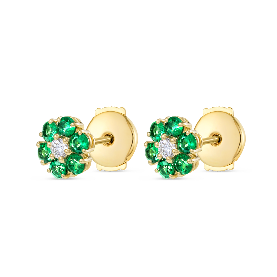 Lab-Grown Diamond & Colombian Emerald Halo Earrings Yellow Gold