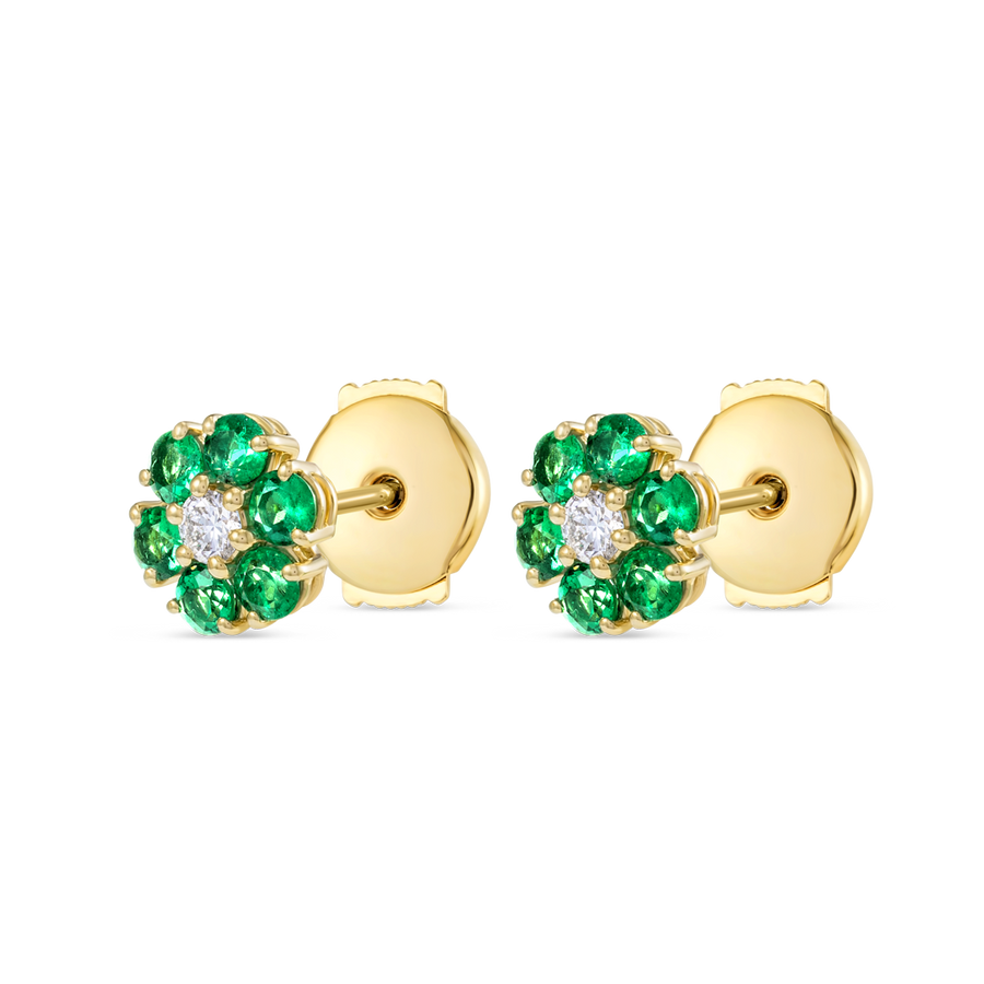 Lab-Grown Diamond & Colombian Emerald Halo Earrings Yellow Gold