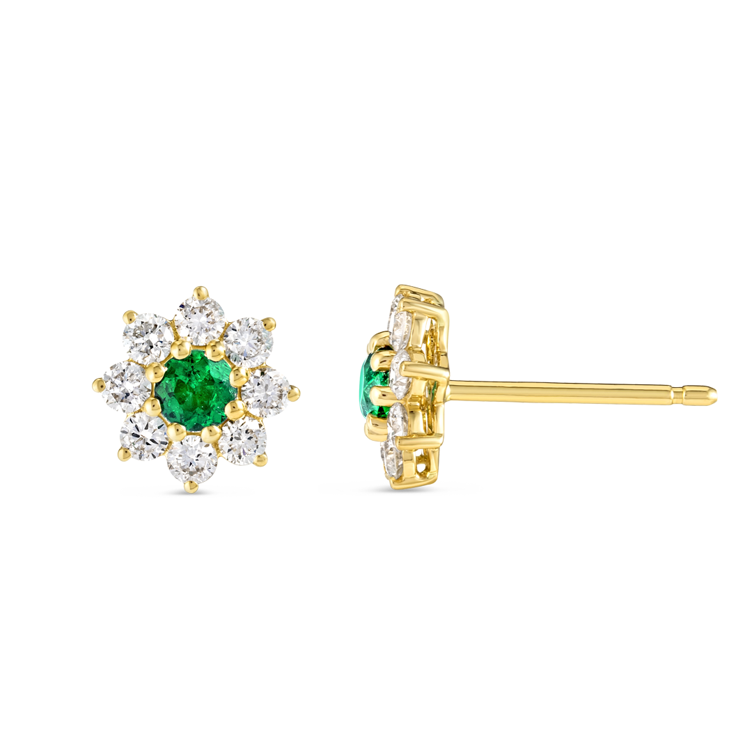 Colombian Emerald & Lab-Grown Diamond Flower Halo Earrings Yellow Gold