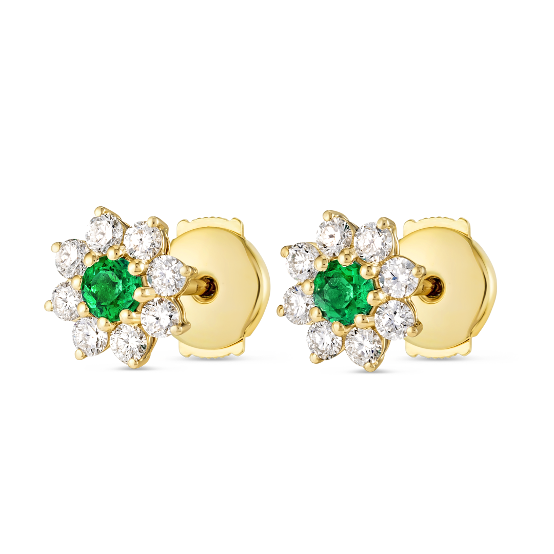 Colombian Emerald & Lab-Grown Diamond Flower Halo Earrings Yellow Gold