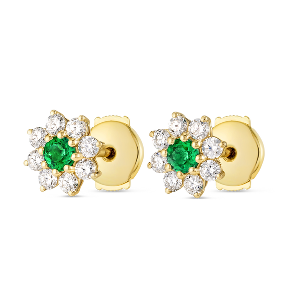 Colombian Emerald & Lab-Grown Diamond Flower Halo Earrings Yellow Gold