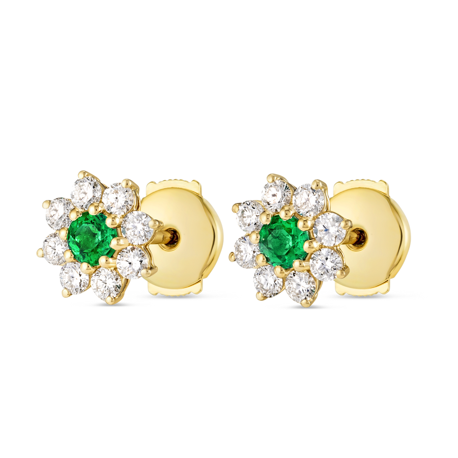 Colombian Emerald & Lab-Grown Diamond Flower Halo Earrings Yellow Gold