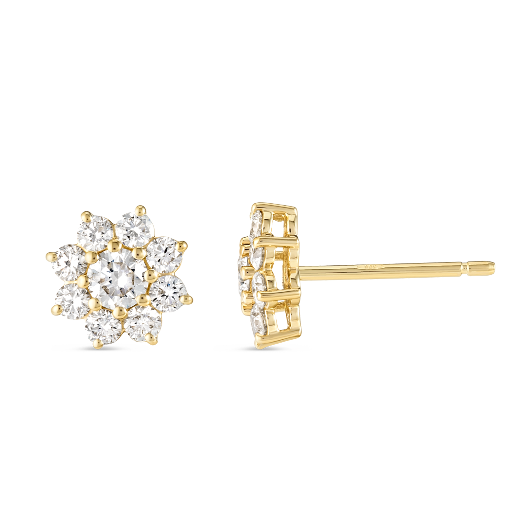 Natural Diamond Flower Halo Earrings Yellow Gold