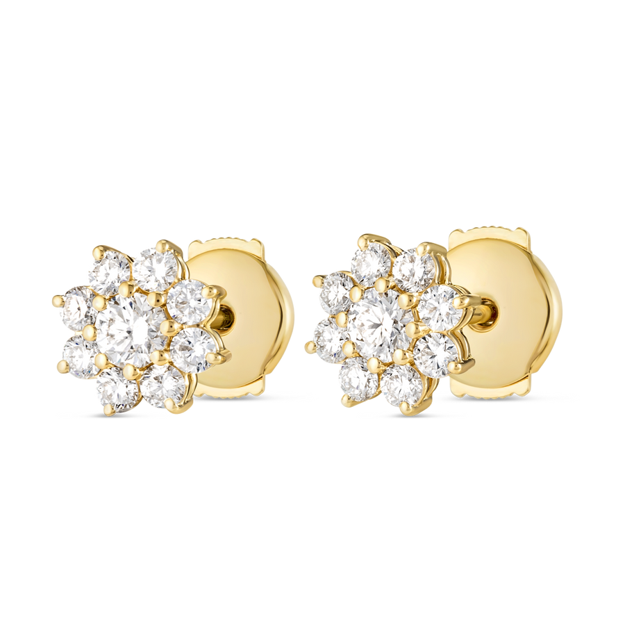 Natural Diamond Flower Halo Earrings Yellow Gold