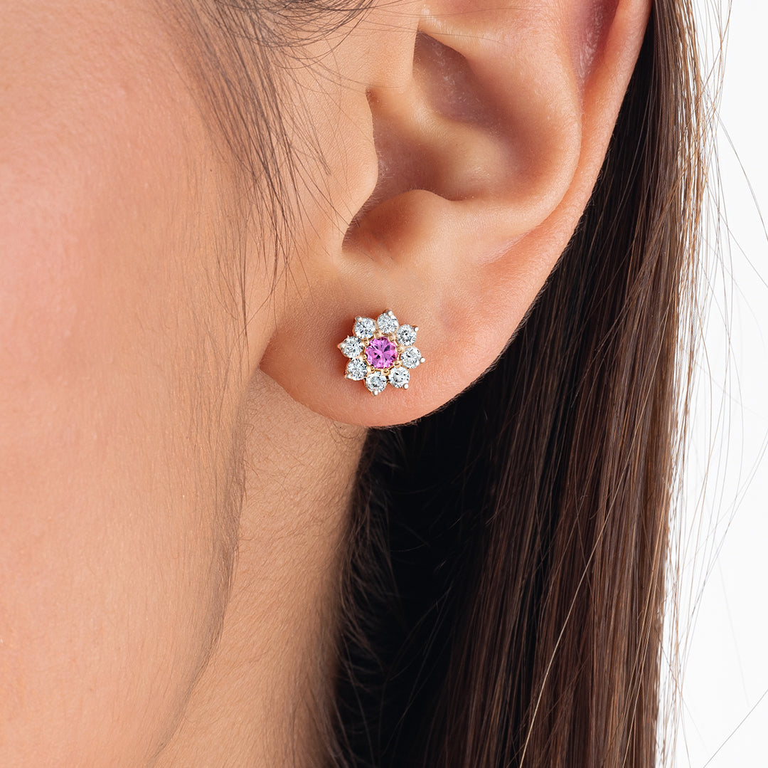 Natural Sri Lankan Pink Sapphires & Lab-Grown Diamond Halo Earrings Rose Gold