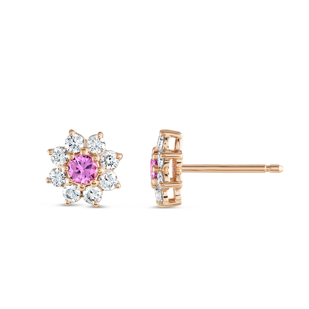 Natural Sri Lankan Pink Sapphires & Lab-Grown Diamond Halo Earrings Rose Gold