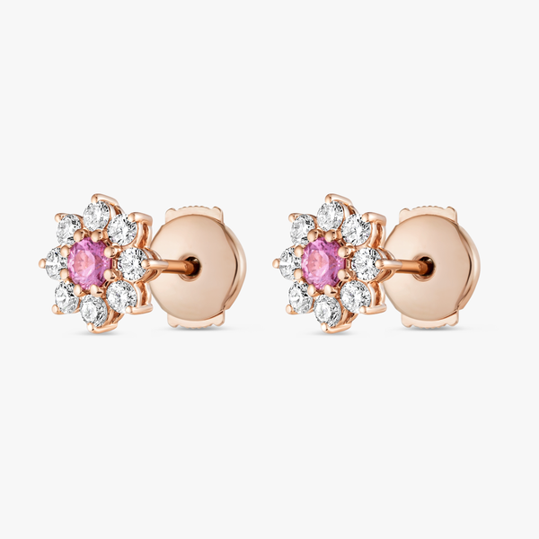 Natural Sri Lankan Pink Sapphires & Lab-Grown Diamond Halo Earrings Rose Gold