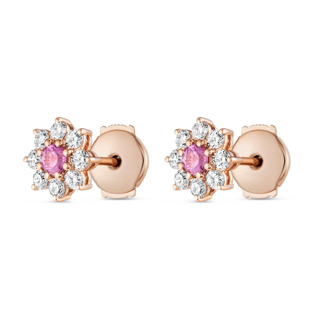 Natural Sri Lankan Pink Sapphires & Lab-Grown Diamond Halo Earrings Rose Gold