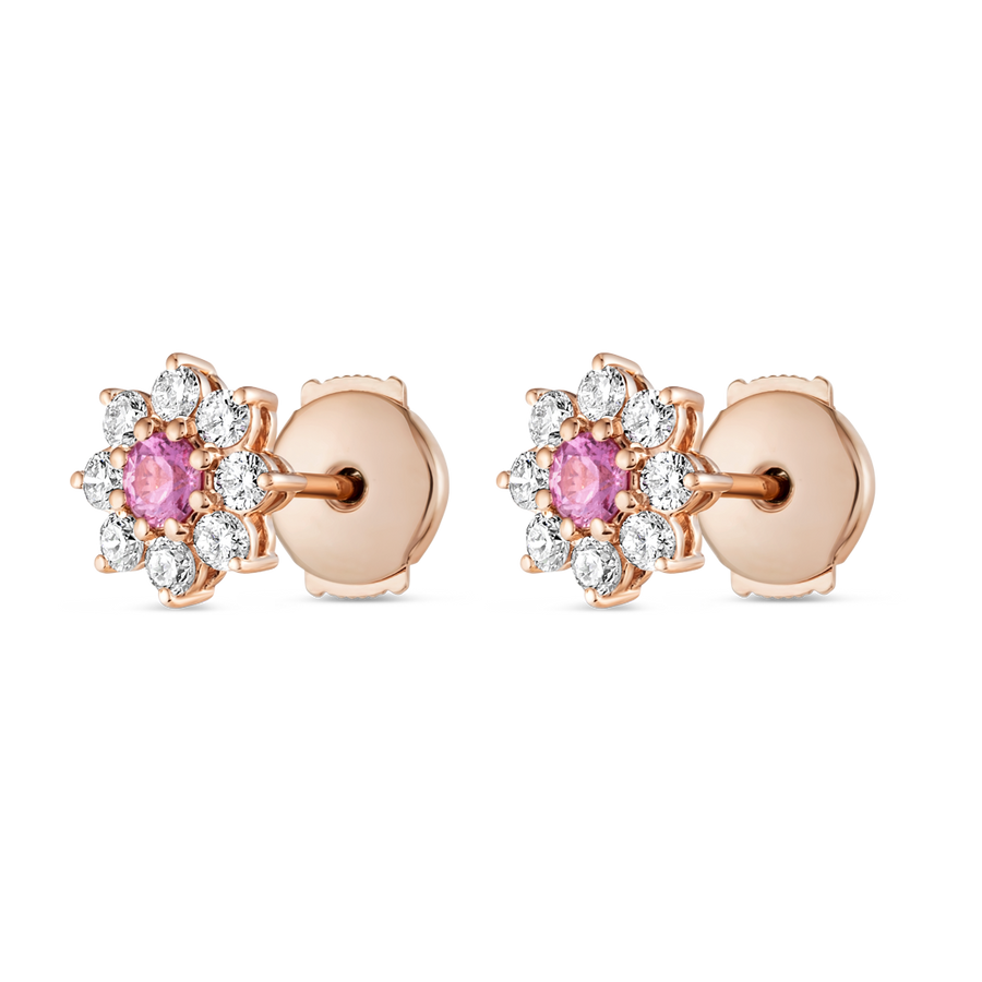 Natural Sri Lankan Pink Sapphires & Lab-Grown Diamond Halo Earrings Rose Gold