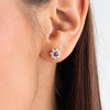 Deep Red Ruby & Lab-Grown Diamond Halo Earrings Yellow Gold