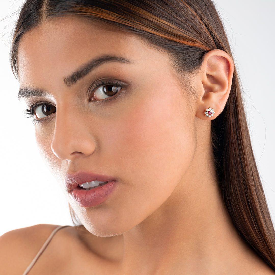 Deep Red Ruby & Lab-Grown Diamond Halo Earrings Yellow Gold