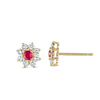 Deep Red Ruby & Lab-Grown Diamond Halo Earrings Yellow Gold