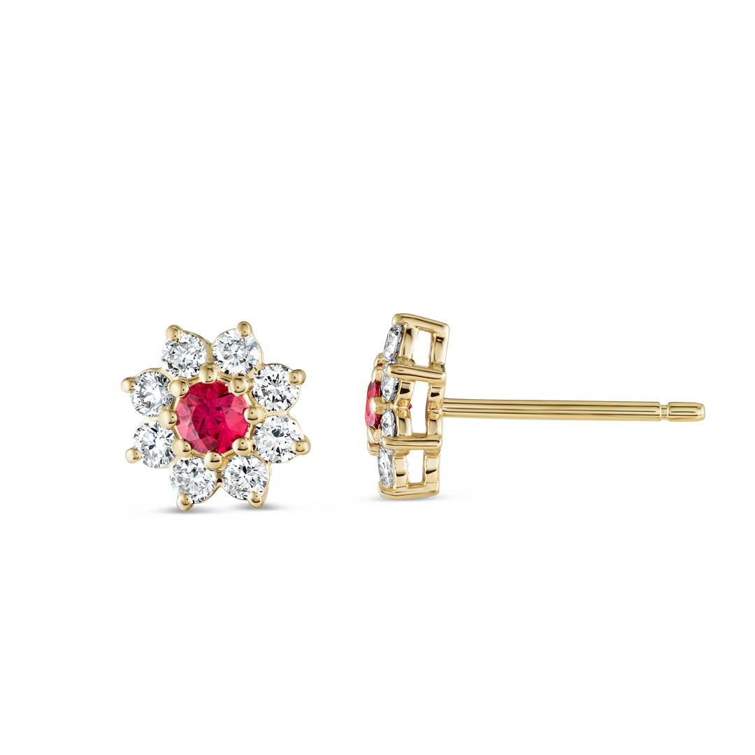 Deep Red Ruby & Lab-Grown Diamond Halo Earrings Yellow Gold