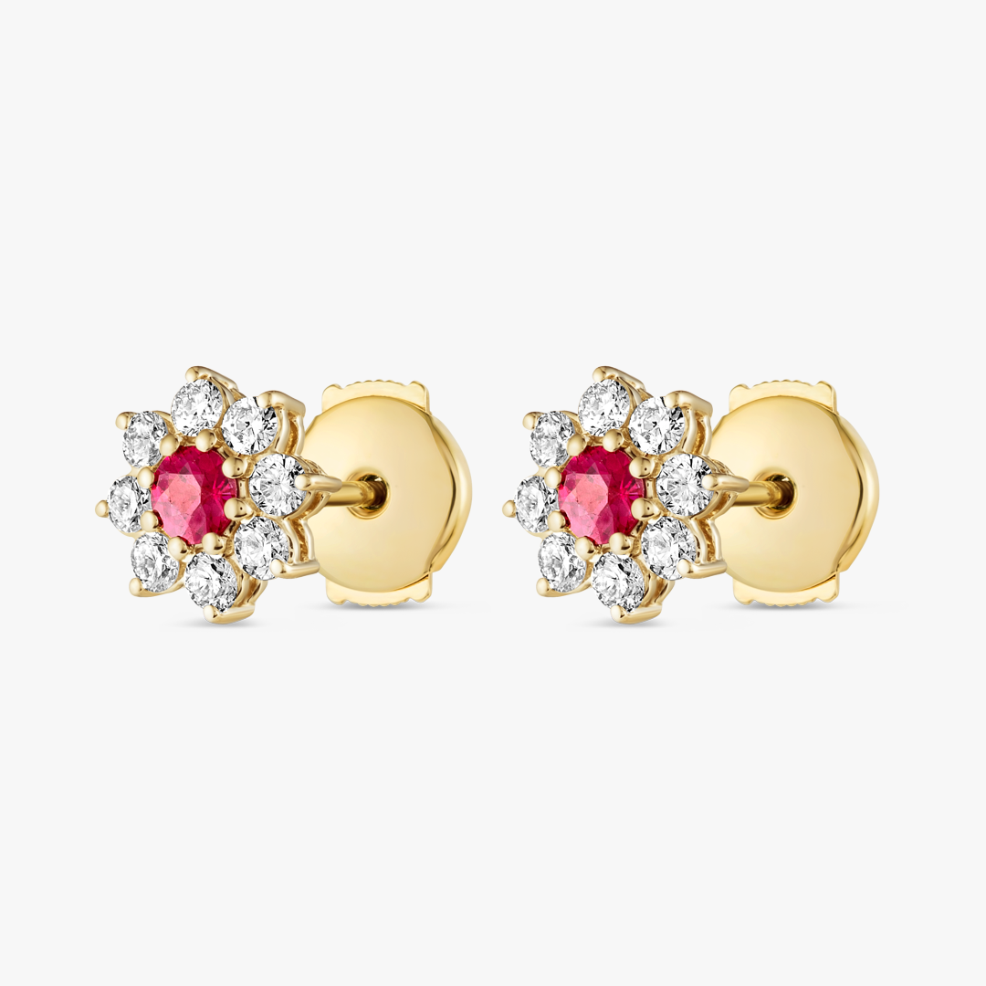 Deep Red Ruby & Lab-Grown Diamond Halo Earrings Yellow Gold