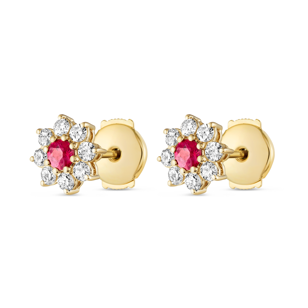 Deep Red Ruby And Diamond Halo Earrings Yellow Gold