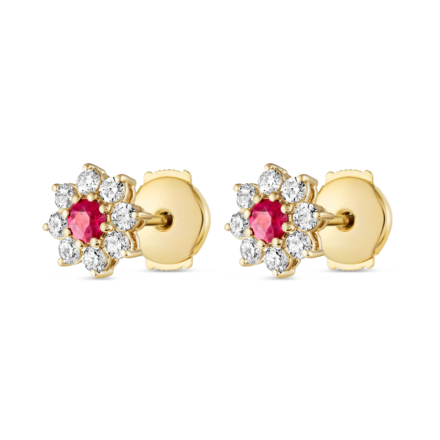 Deep Red Ruby & Lab-Grown Diamond Halo Earrings Yellow Gold
