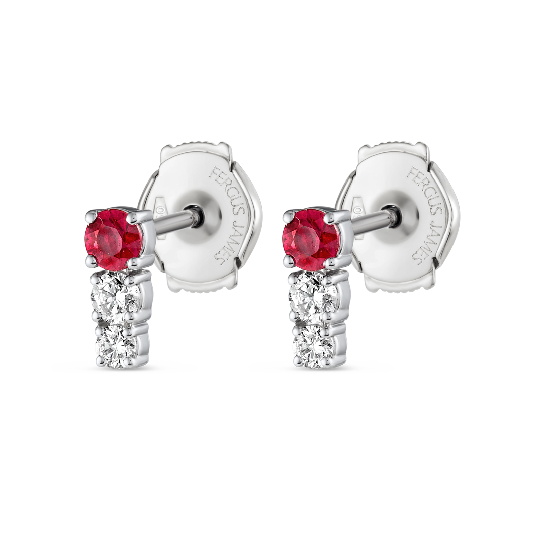 Petite Trio Deep Red Ruby And Diamond Bar Earrings White Gold