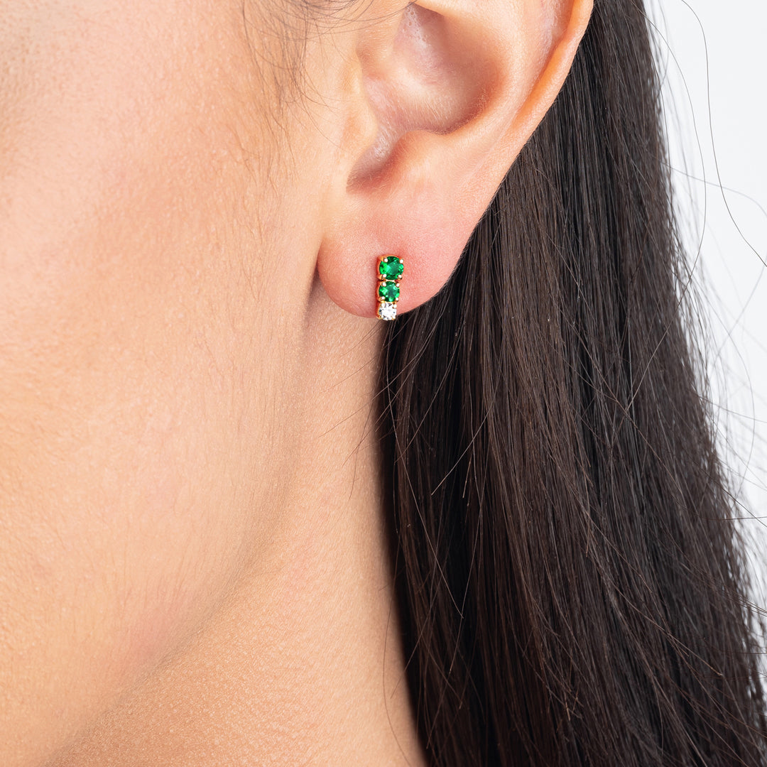 Petite Trio Colombian Emerald & Lab-Grown Diamond Bar Earrings Yellow Gold