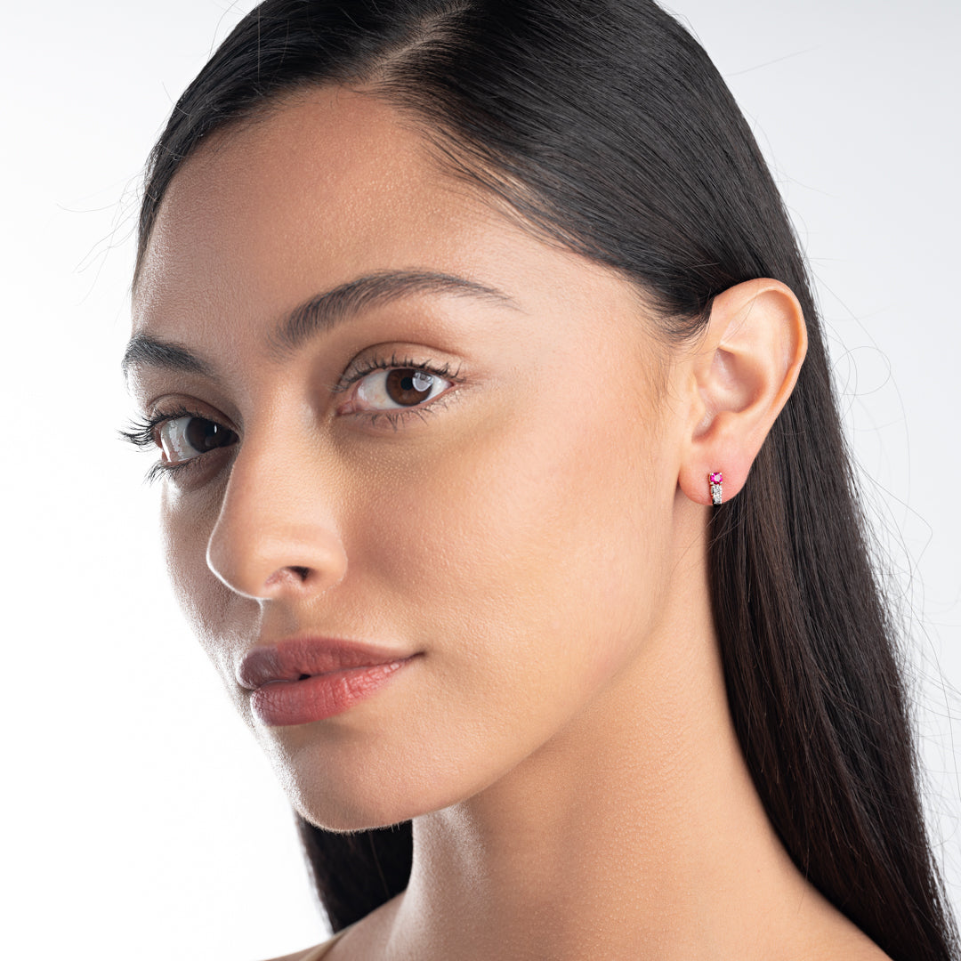 Petite Trio Deep Red Ruby & Lab-Grown Diamond Bar Earrings White Gold