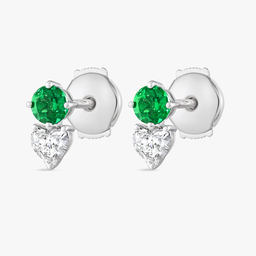 Heart & Round Duo Colombian Emerald Lab-Grown Diamond Earrings White Gold
