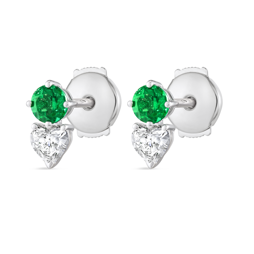 Heart & Round Duo Colombian Emerald Lab-Grown Diamond Earrings White Gold