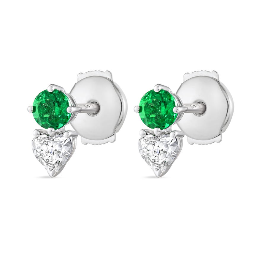 Heart & Round Duo Colombian Emerald Lab-Grown Diamond Earrings White Gold