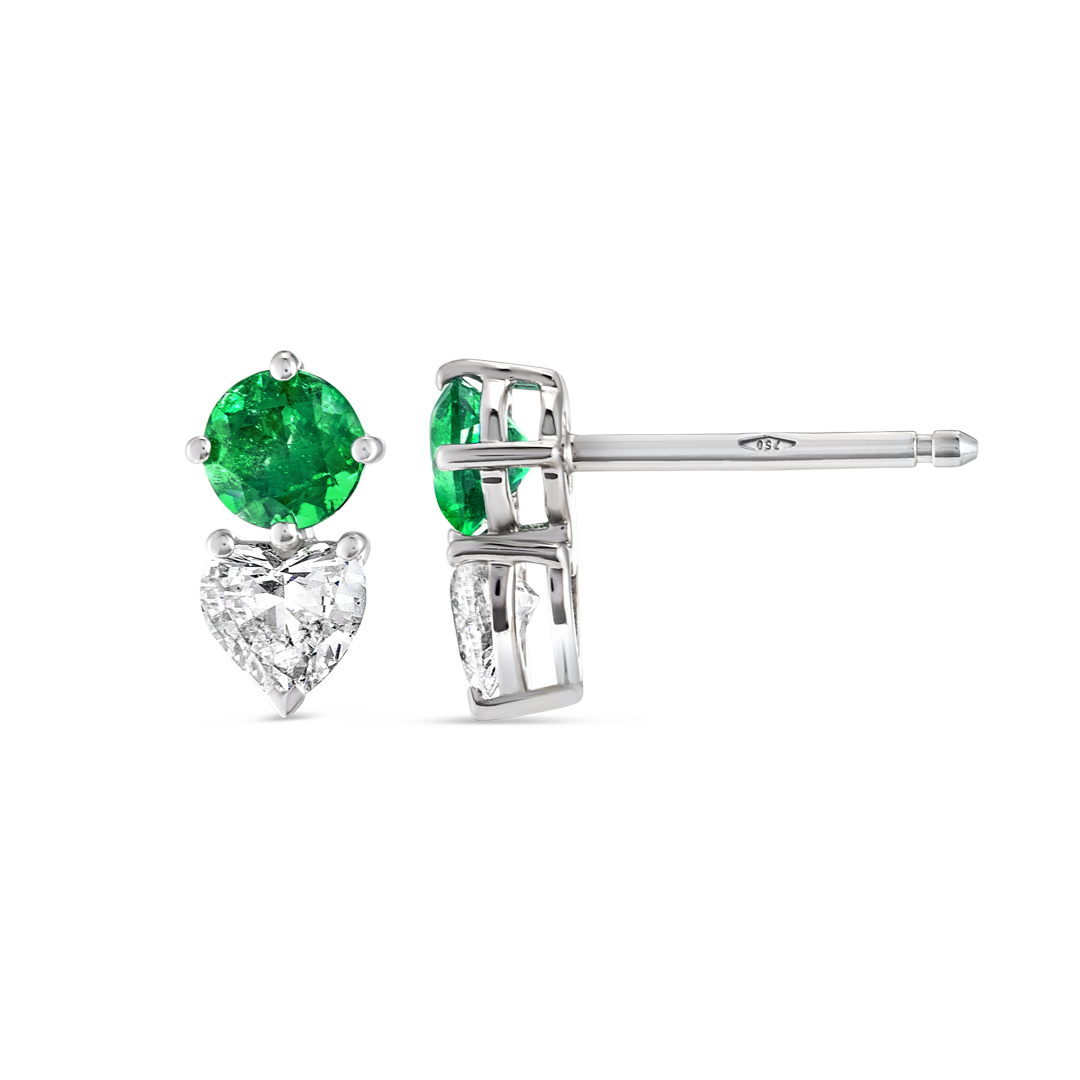Heart & Round Duo Colombian Emerald Lab-Grown Diamond Earrings White Gold