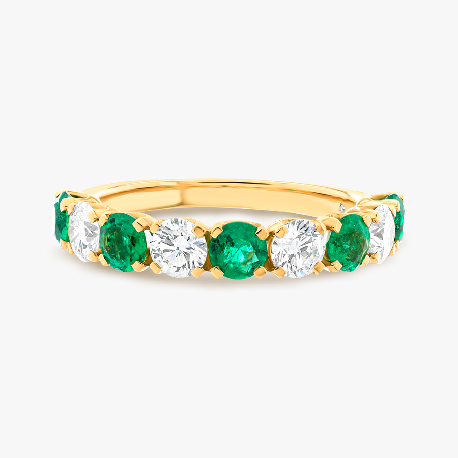 Green Emerald & Diamond 9-Stone Yellow Gold Fashion Ring