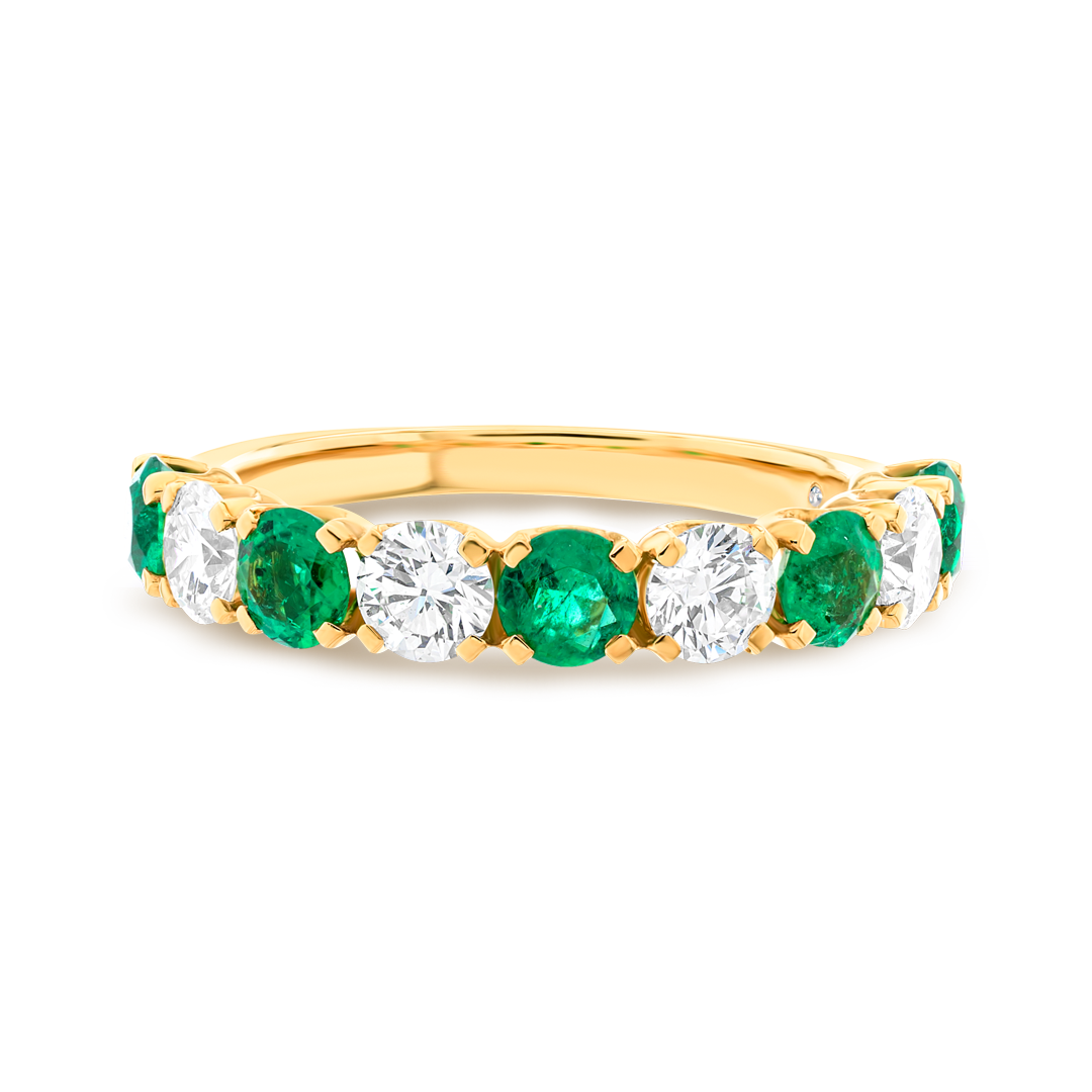 Green Emerald & Diamond 9-Stone Yellow Gold Fashion Ring