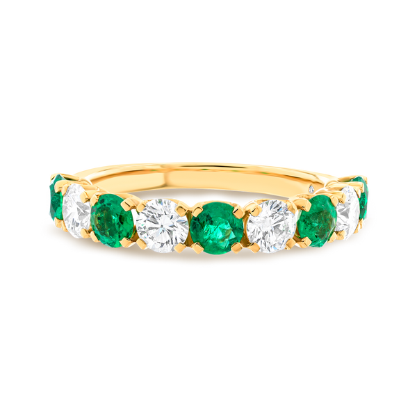Green Emerald & Diamond 9-Stone Yellow Gold Fashion Ring