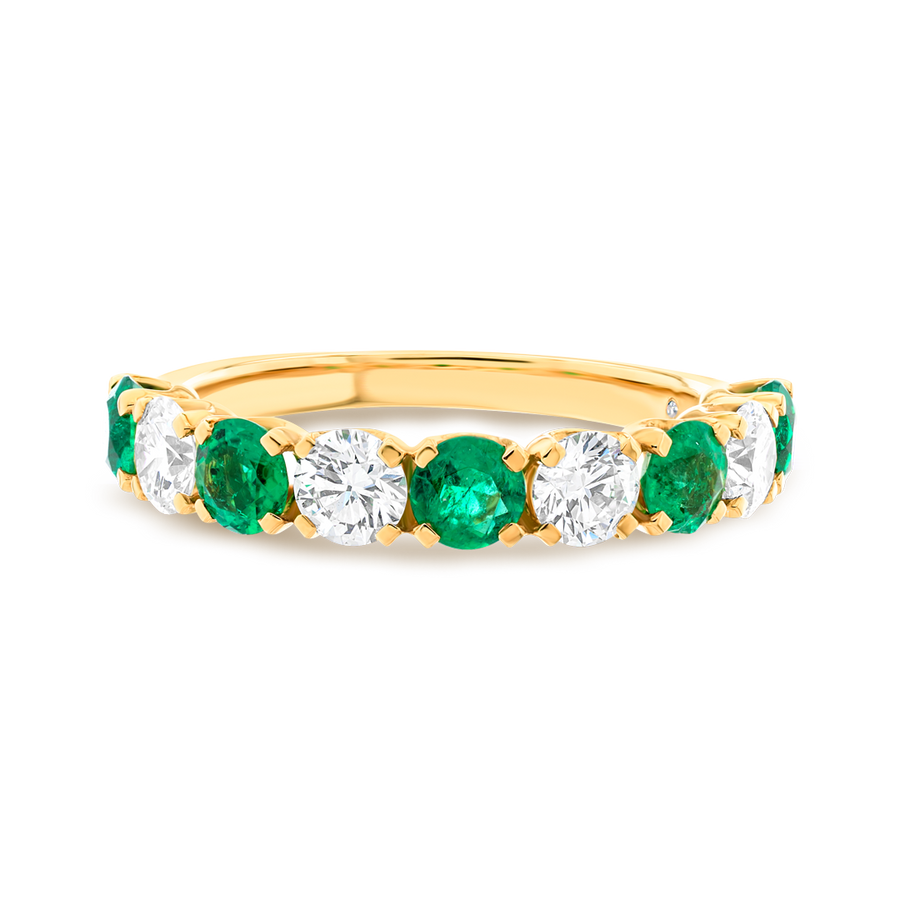 Green Emerald & Diamond 9-Stone Yellow Gold Fashion Ring