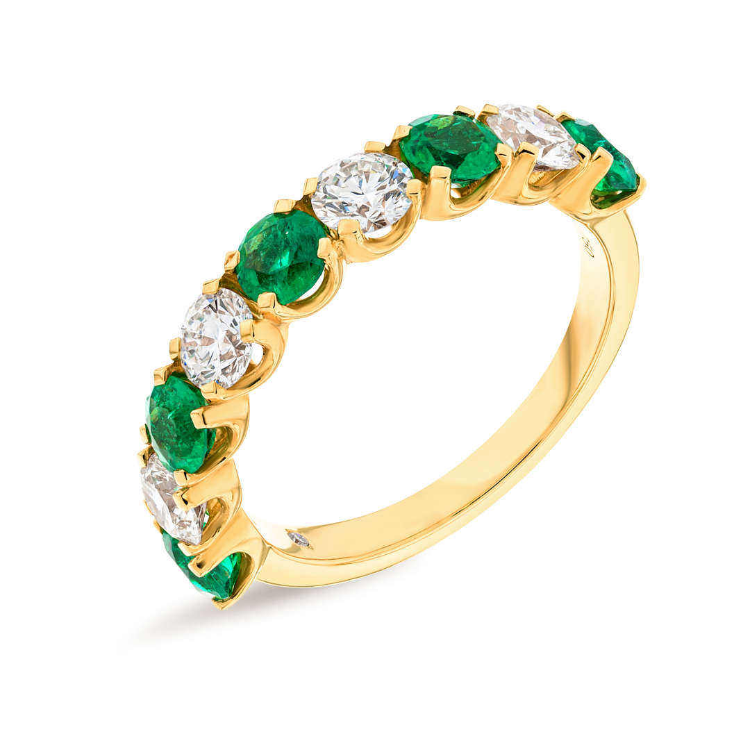 Green Emerald & Diamond 9-Stone Yellow Gold Fashion Ring