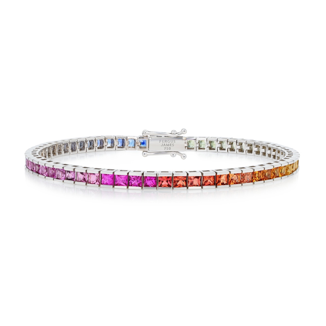 6ct Natural Princess Rainbow Sapphire Tennis Bracelet White Gold