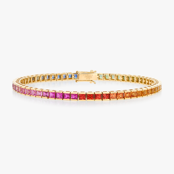 6ct Natural Princess Rainbow Sapphire Tennis Bracelet Yellow Gold