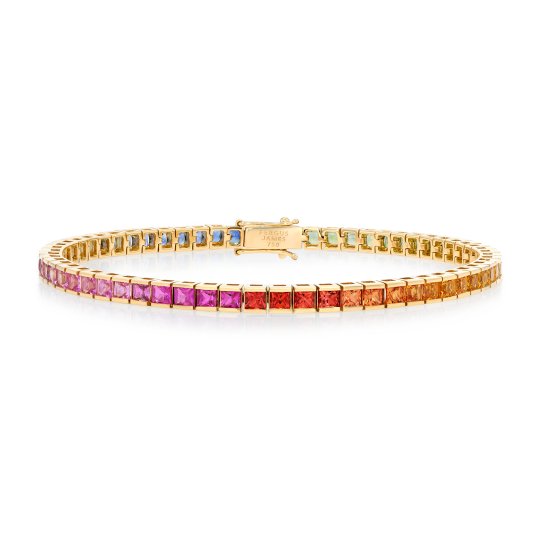 6ct Natural Princess Rainbow Sapphire Tennis Bracelet Yellow Gold
