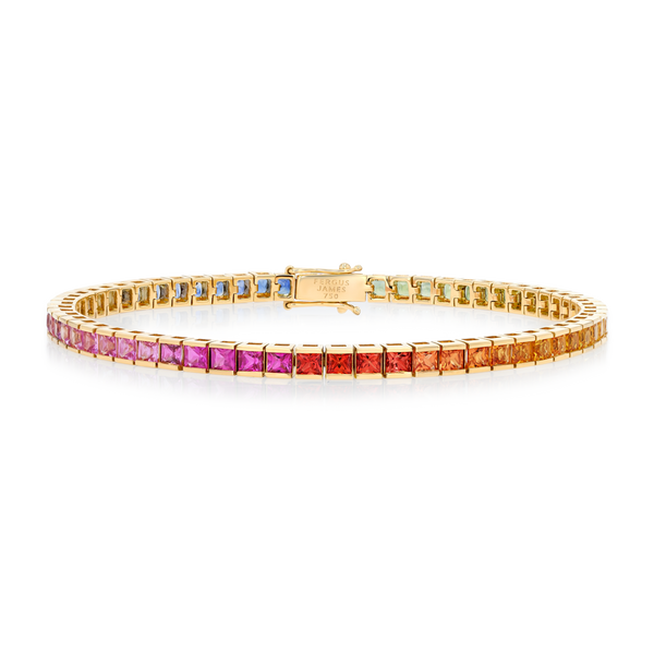 6ct Natural Princess Rainbow Sapphire Tennis Bracelet Yellow Gold