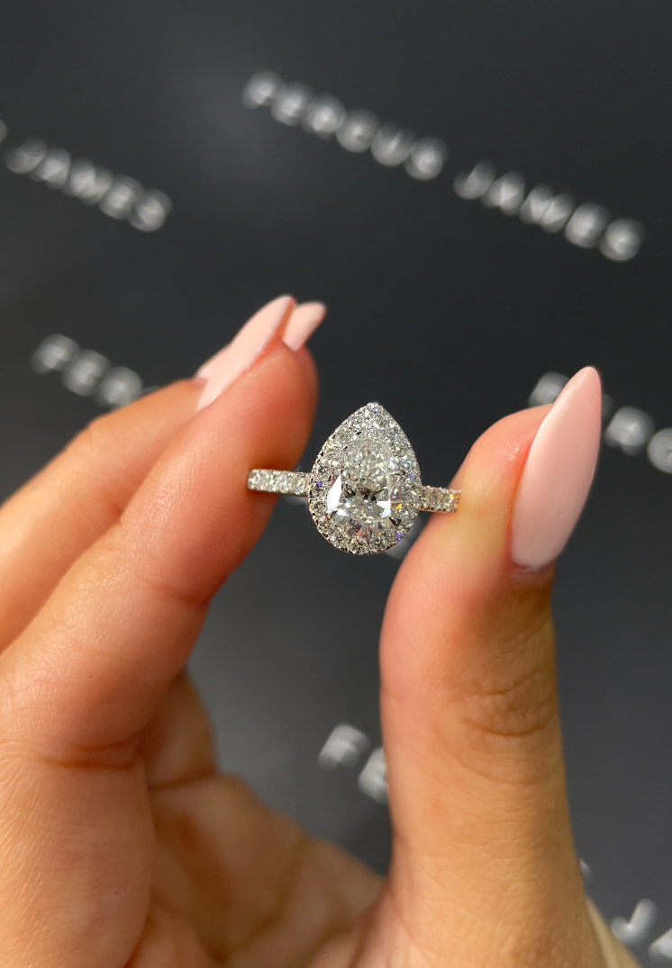 1 Carat Natural Halo Engagement Ring - Pear Diamond