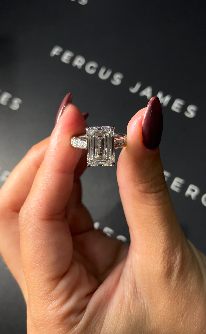 6 Carat Natural Diamond Band Engagement Ring - Emerald Diamond in 18k White Gold Setting