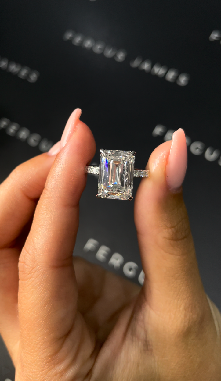 6 Carat Natural Diamond Band Engagement Ring - Emerald Diamond in 18k White Gold Setting