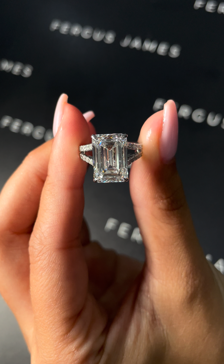 6.5 Carat Natural Diamond Band Engagement Ring - Emerald Diamond in 18k White Gold Setting