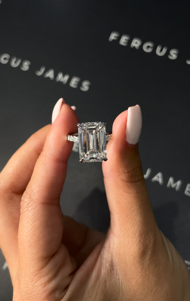 9 Carat Natural Diamond Band Engagement Ring - Emerald Diamond in 18k White Gold Setting