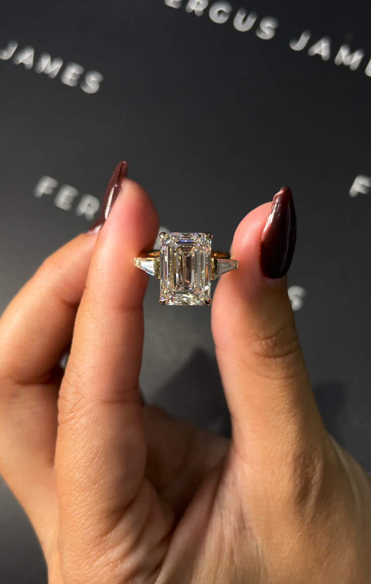 6 Carat Natural Trilogy Engagement Ring - Emerald Diamond in 18k White Gold Setting