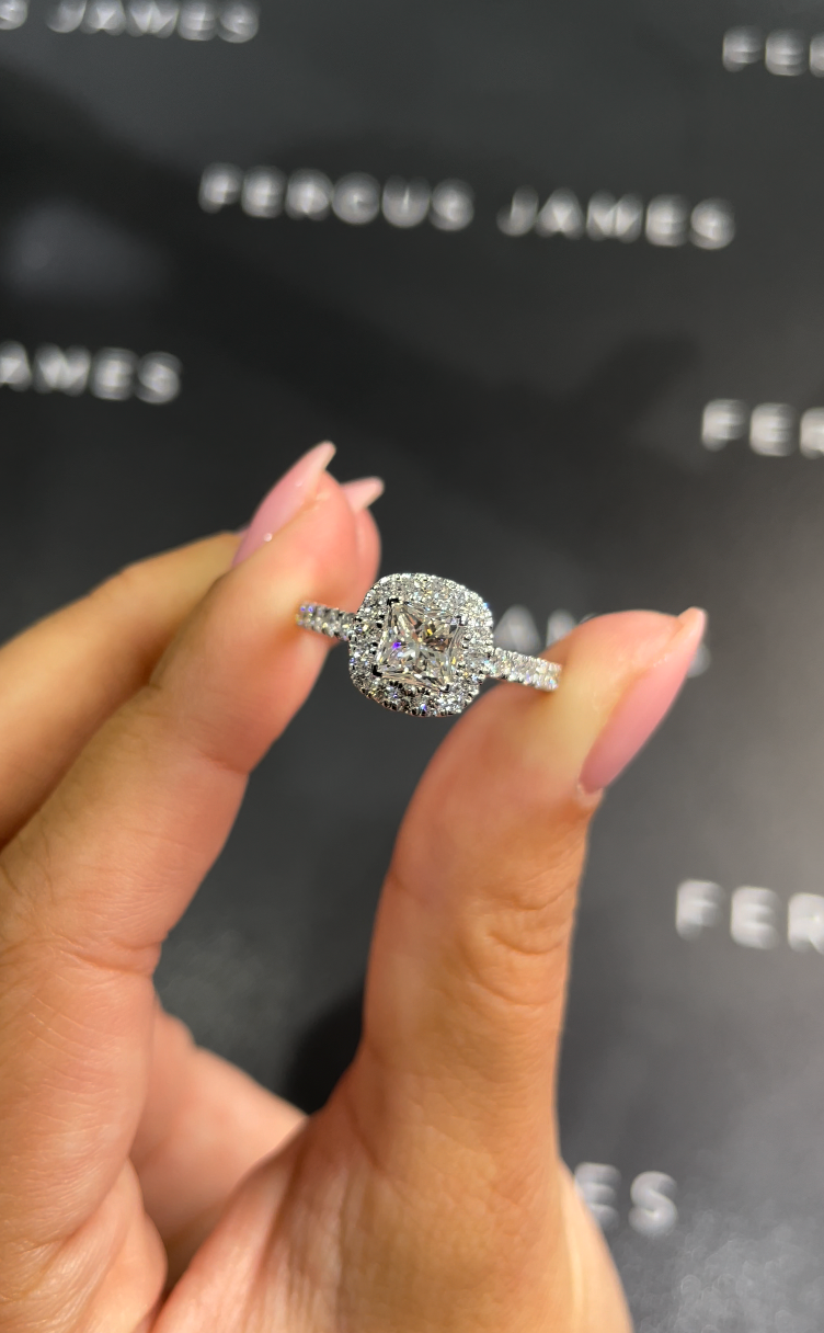 1 Carat Natural Halo Engagement Ring - Princess Diamond