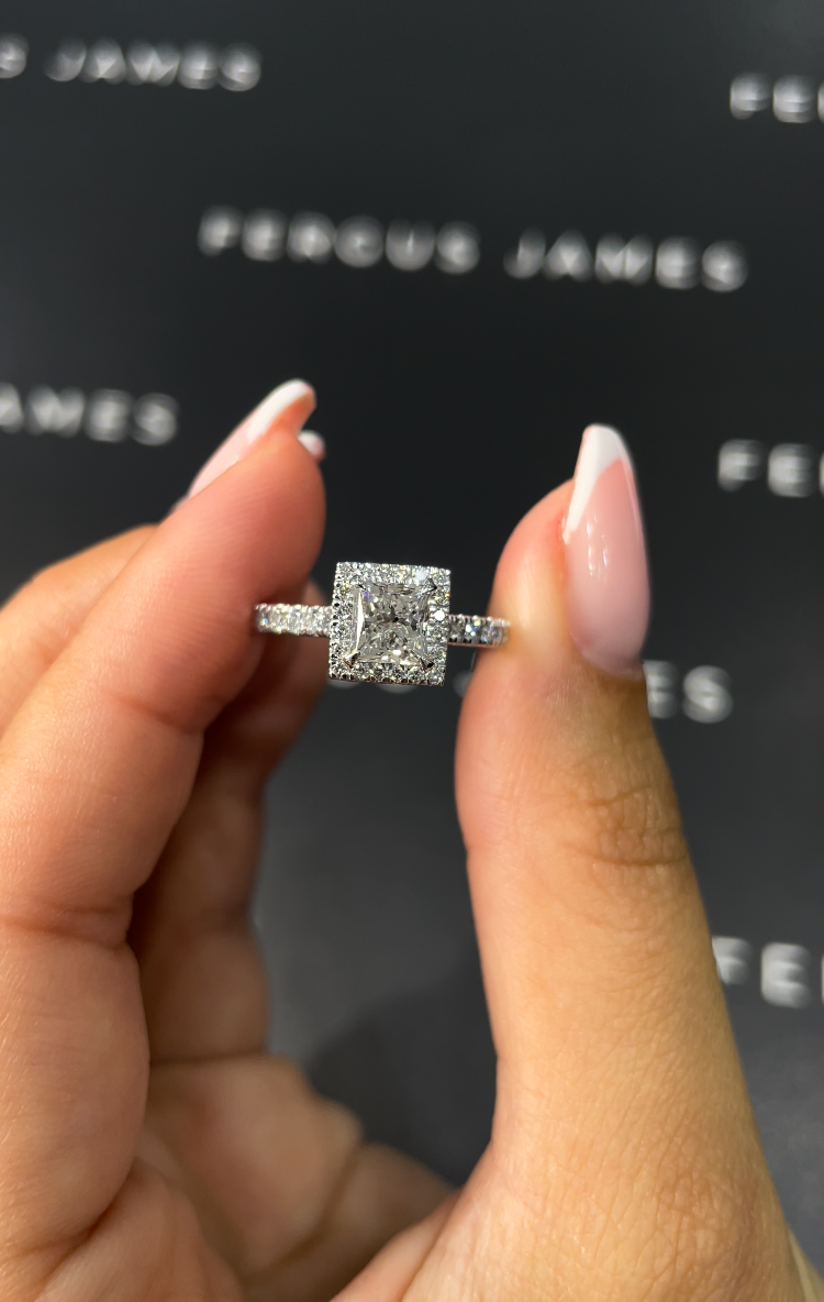 1 Carat Natural Halo Engagement Ring - Princess Diamond