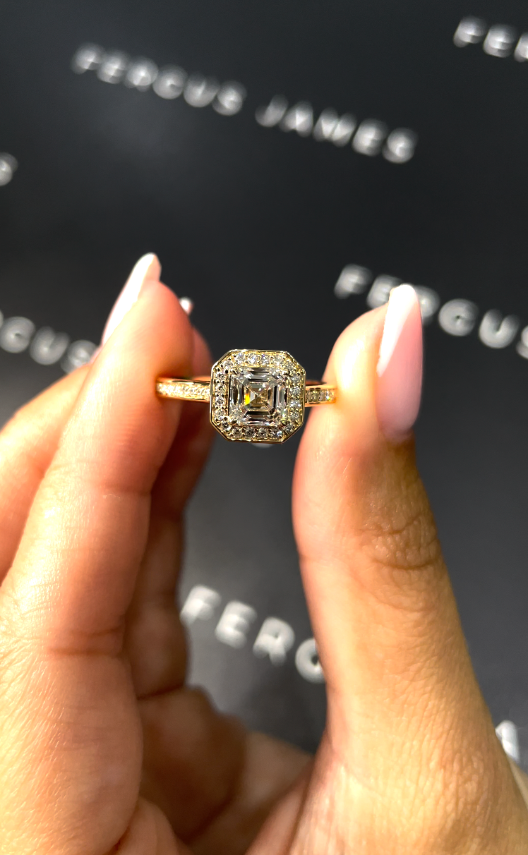 1 Carat Lab-Grown Halo Engagement Ring - Asscher Diamond in 18k Yellow Gold Setting