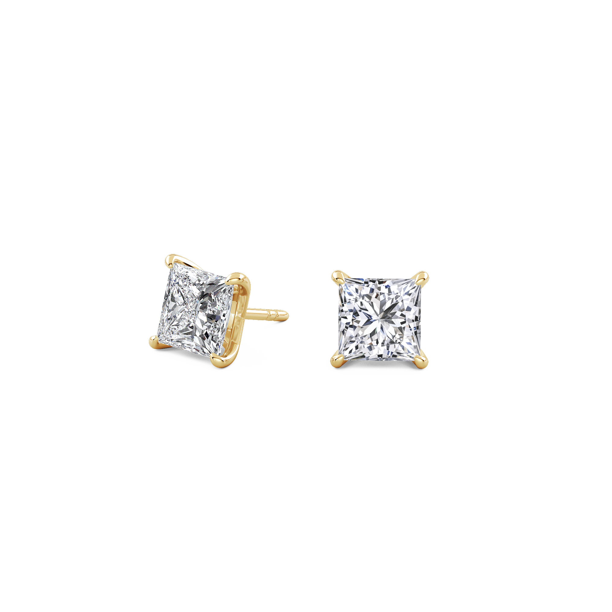 2ct Each (4ct Total) Princess Natural Diamond Stud Earrings Yellow Gold