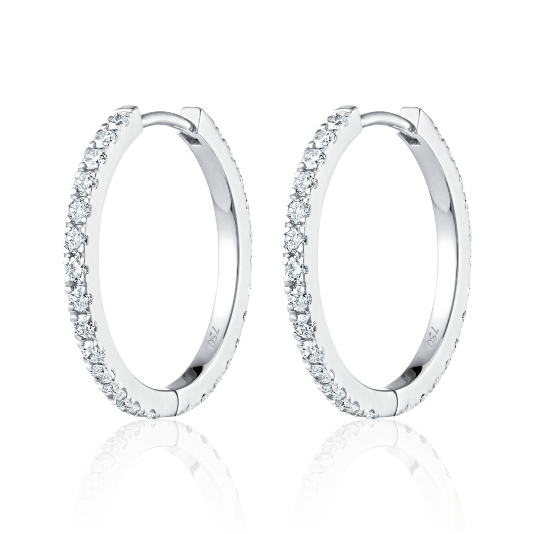 Medium Size Natural Diamond Hoop Earrings White Gold