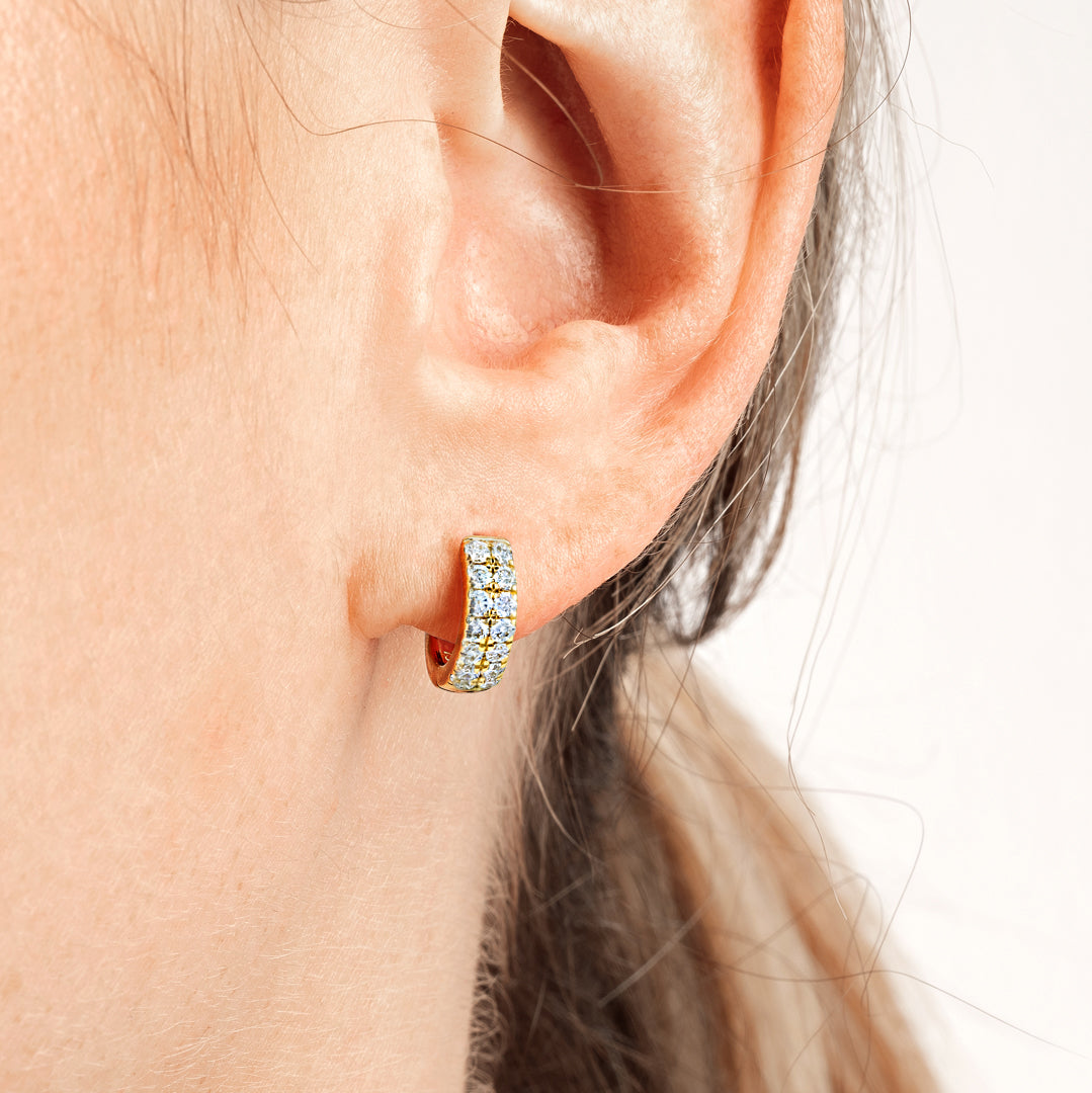 Double Natural Diamond Huggie Hoop Earrings Yellow Gold