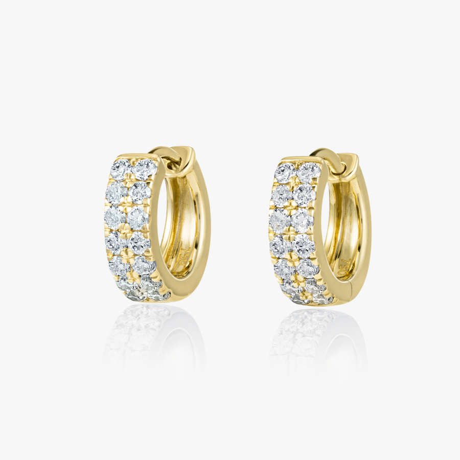 Double Natural Diamond Huggie Hoop Earrings Yellow Gold