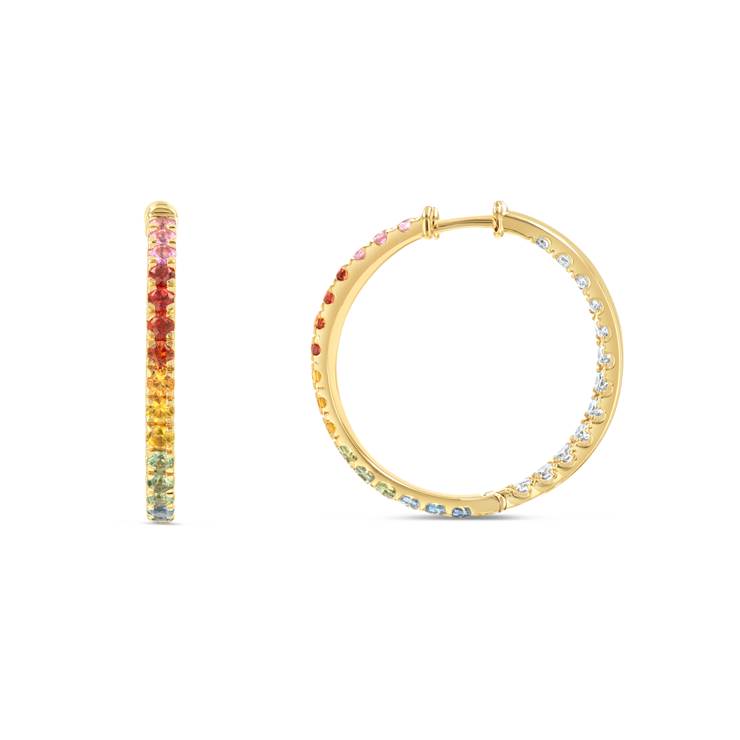 Rainbow Sapphire & Natural Diamond Hoop Earrings Yellow Gold
